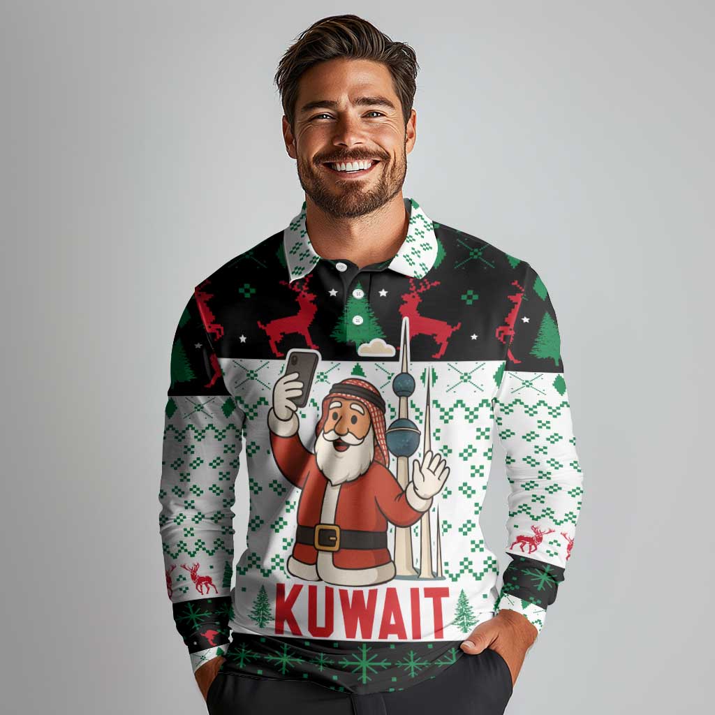 Kuwait Christmas Long Sleeve Polo Shirt with Santa Taking Selfie Kuwait Towers Reindeer and Snowflake - Wonder Print Shop