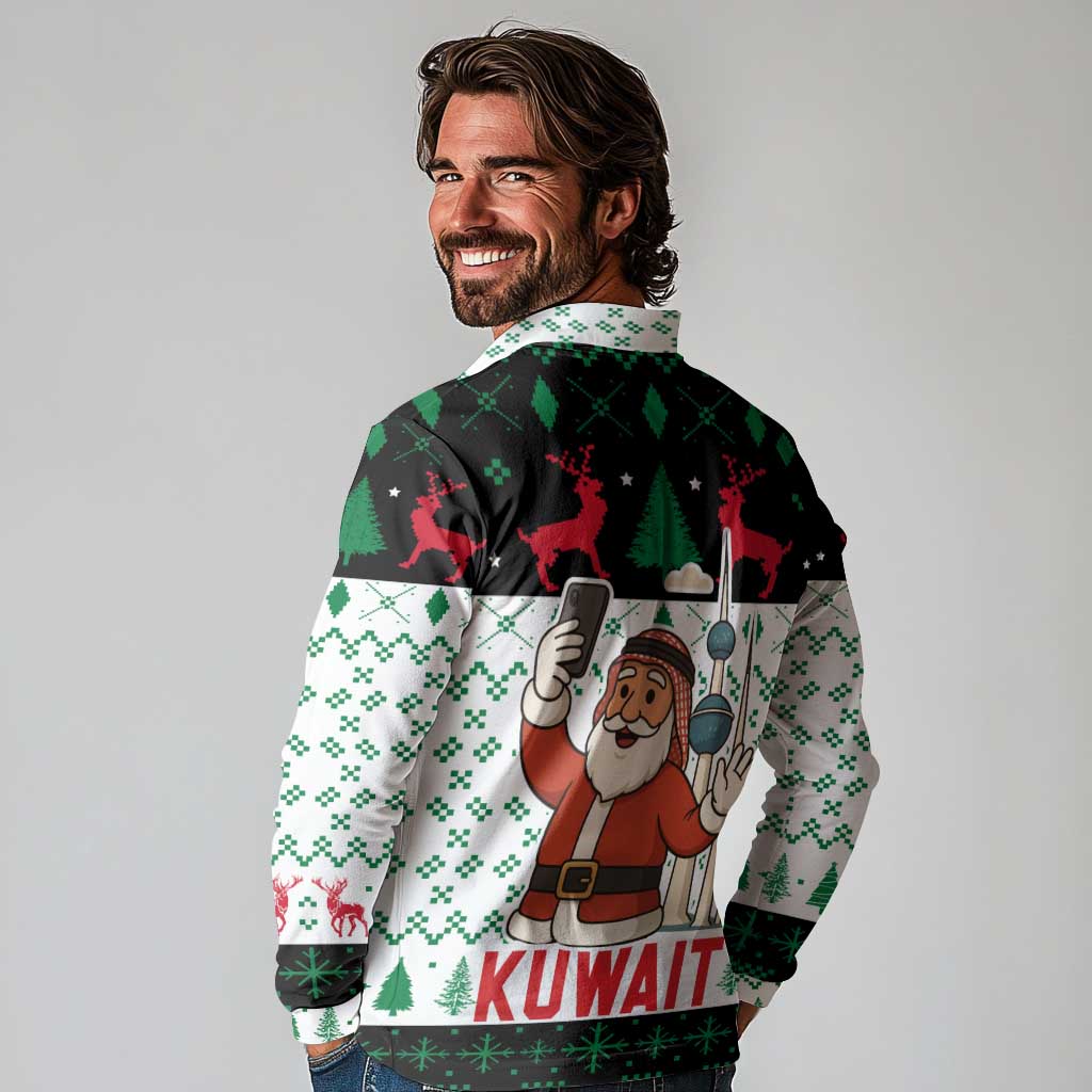 Kuwait Christmas Long Sleeve Polo Shirt with Santa Taking Selfie Kuwait Towers Reindeer and Snowflake - Wonder Print Shop
