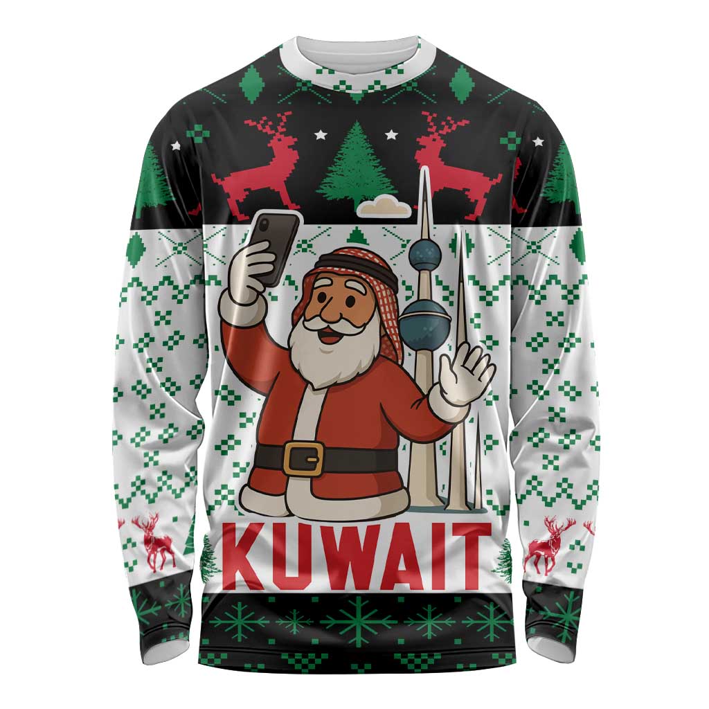 Kuwait Christmas Long Sleeve Shirt with Santa Taking Selfie Kuwait Towers Reindeer and Snowflake - Wonder Print Shop