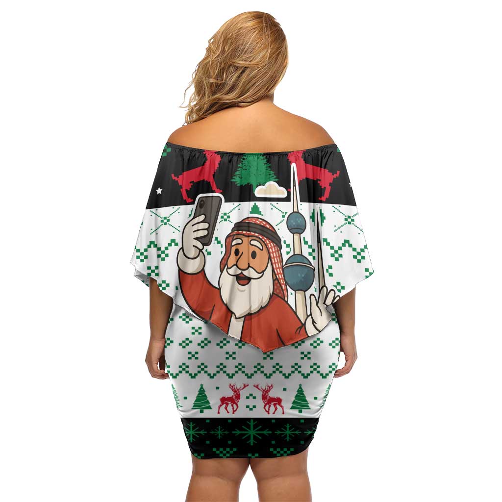 Kuwait Christmas Off Shoulder Short Dress with Santa Taking Selfie Kuwait Towers Reindeer and Snowflake - Wonder Print Shop