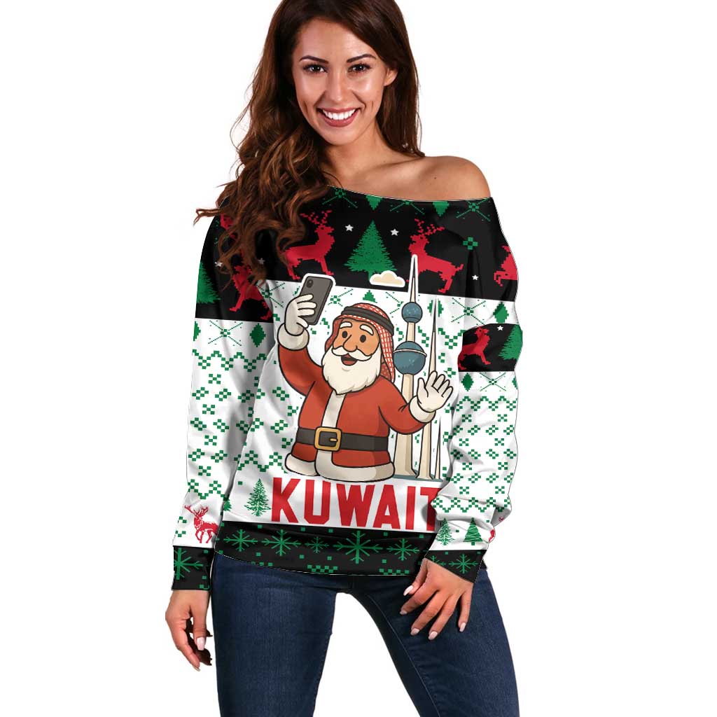 Kuwait Christmas Off Shoulder Sweater with Santa Taking Selfie Kuwait Towers Reindeer and Snowflake - Wonder Print Shop