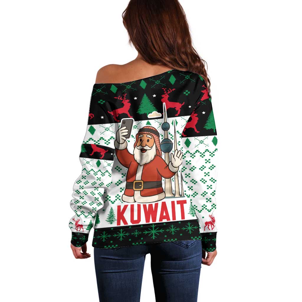 Kuwait Christmas Off Shoulder Sweater with Santa Taking Selfie Kuwait Towers Reindeer and Snowflake - Wonder Print Shop