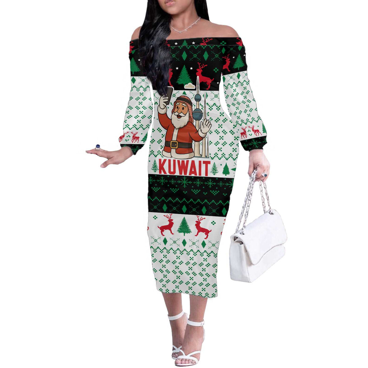 Kuwait Christmas Off The Shoulder Long Sleeve Dress with Santa Taking Selfie Kuwait Towers Reindeer and Snowflake - Wonder Print Shop
