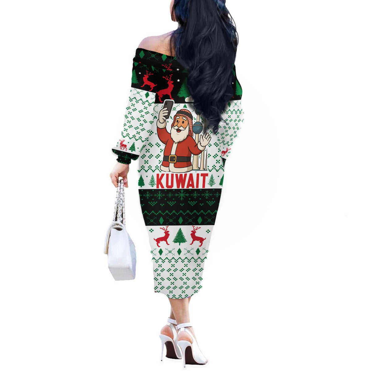 Kuwait Christmas Off The Shoulder Long Sleeve Dress with Santa Taking Selfie Kuwait Towers Reindeer and Snowflake - Wonder Print Shop