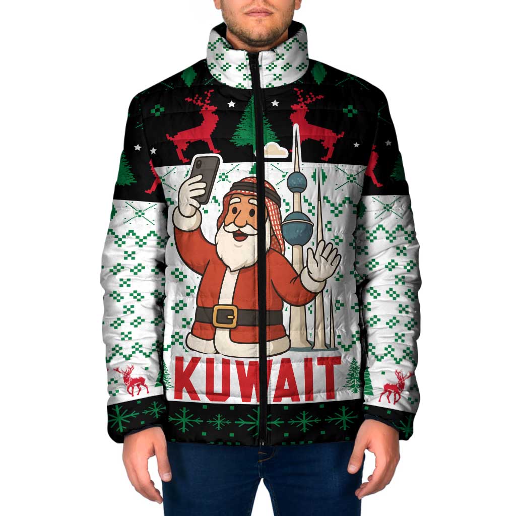 Kuwait Christmas Padded Jacket with Santa Taking Selfie Kuwait Towers Reindeer and Snowflake - Wonder Print Shop