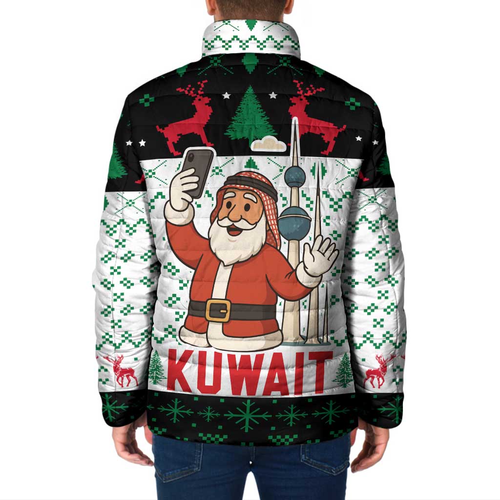 Kuwait Christmas Padded Jacket with Santa Taking Selfie Kuwait Towers Reindeer and Snowflake - Wonder Print Shop