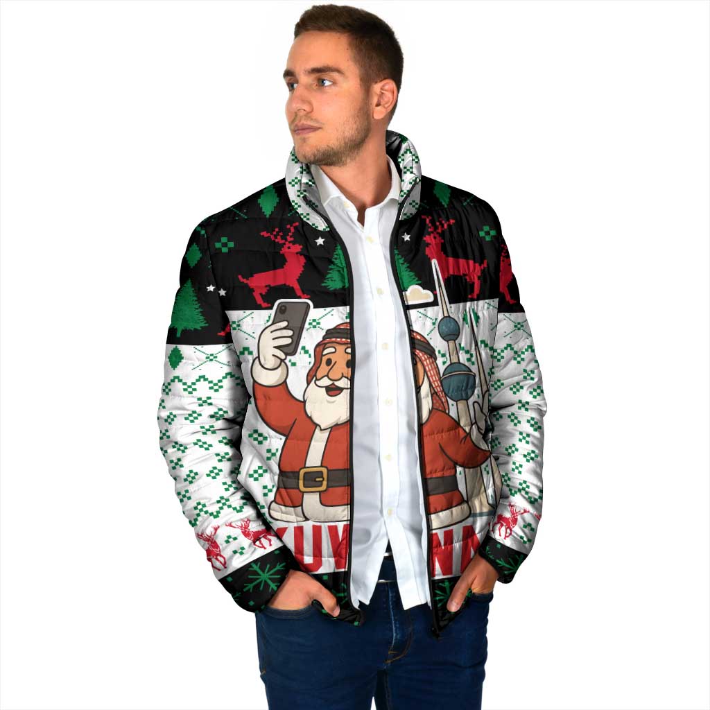 Kuwait Christmas Padded Jacket with Santa Taking Selfie Kuwait Towers Reindeer and Snowflake - Wonder Print Shop