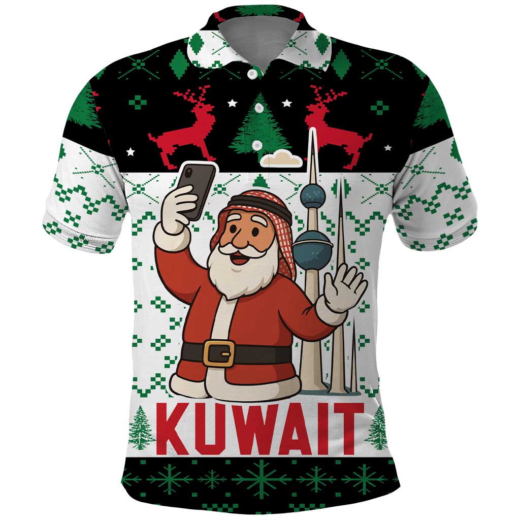 Kuwait Christmas Polo Shirt with Santa Taking Selfie Kuwait Towers Reindeer and Snowflake - Wonder Print Shop