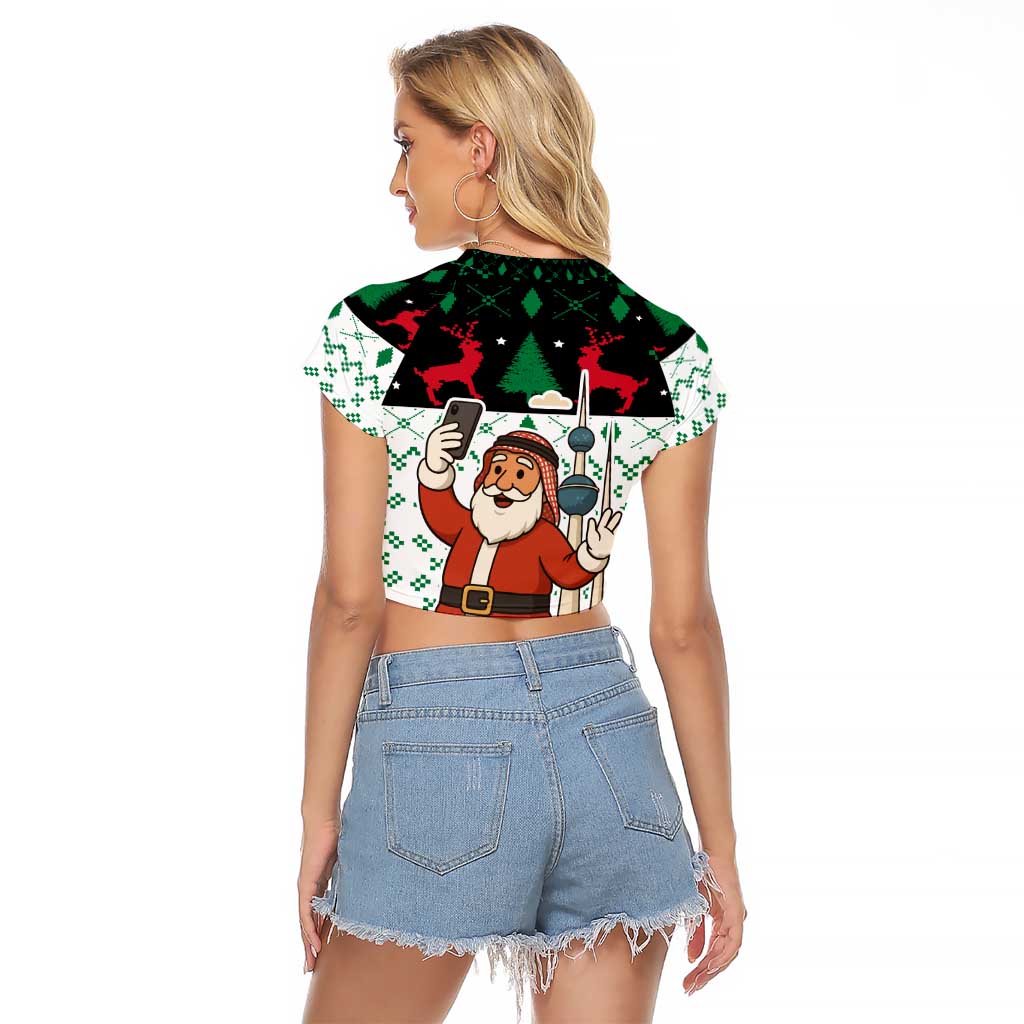 Kuwait Christmas Raglan Cropped T Shirt with Santa Taking Selfie Kuwait Towers Reindeer and Snowflake - Wonder Print Shop