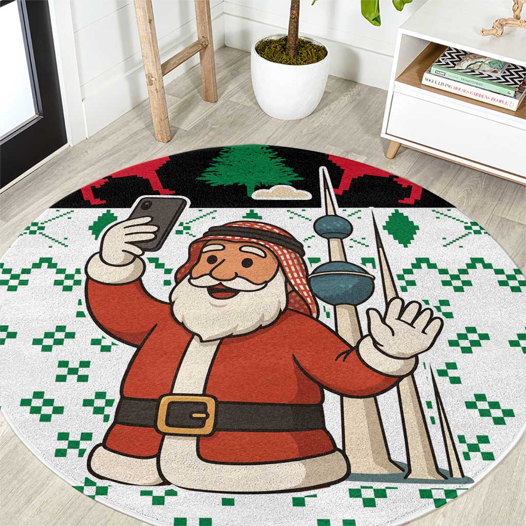 Kuwait Christmas Round Carpet with Santa Taking Selfie Kuwait Towers Reindeer and Snowflake - Wonder Print Shop