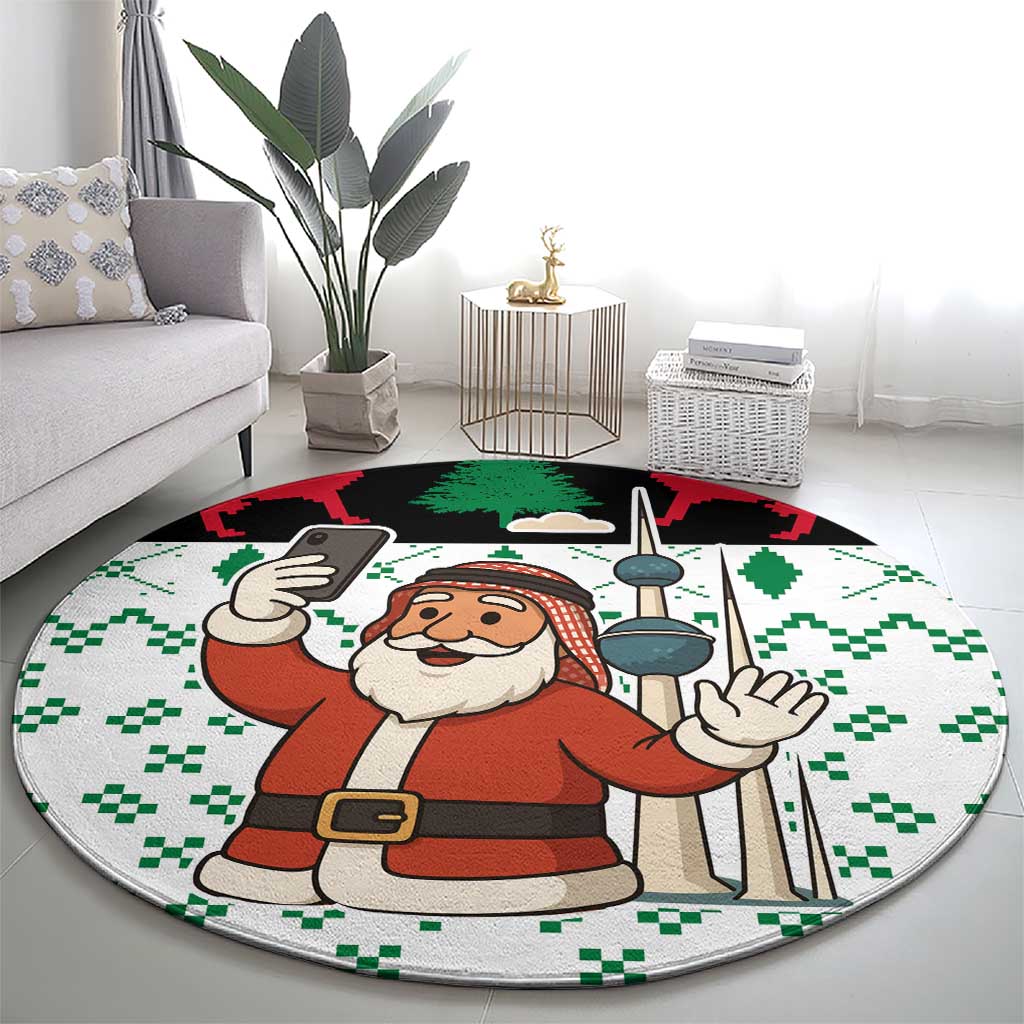 Kuwait Christmas Round Carpet with Santa Taking Selfie Kuwait Towers Reindeer and Snowflake - Wonder Print Shop