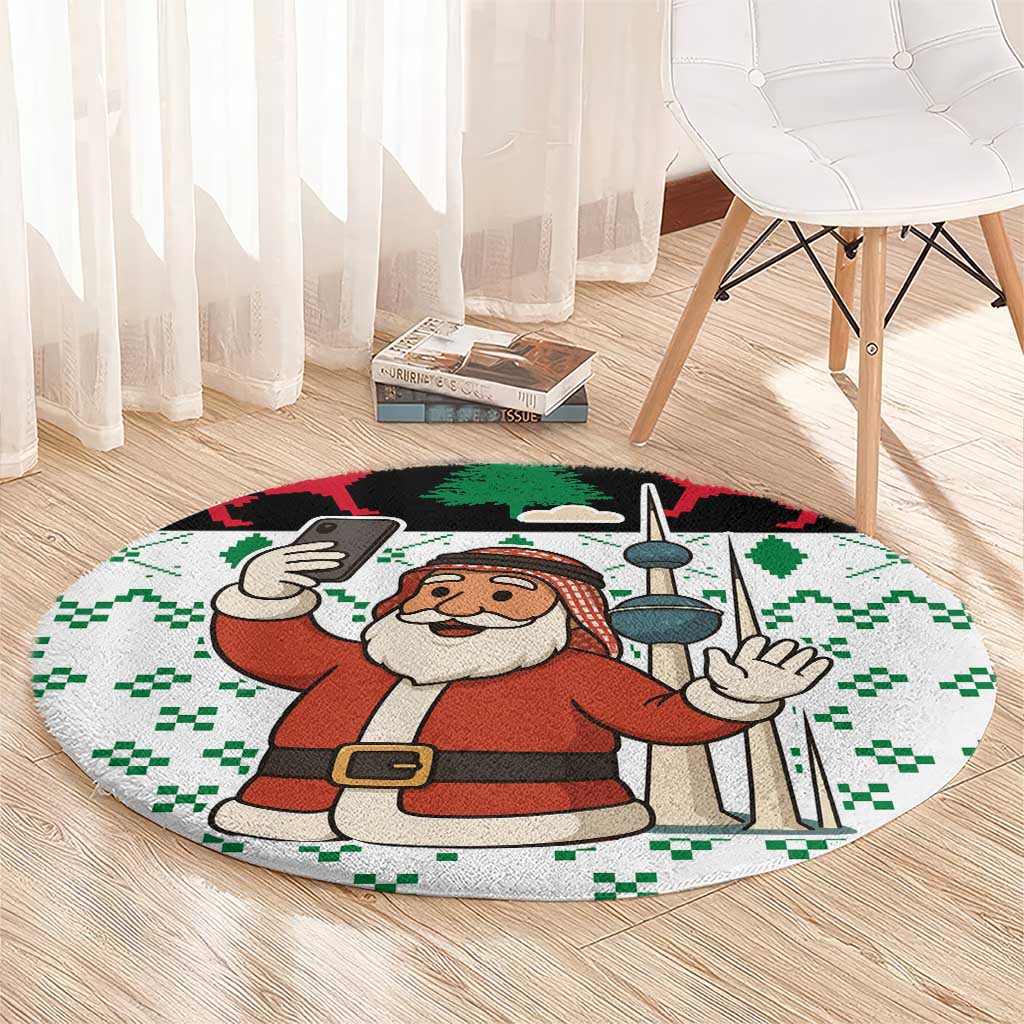 Kuwait Christmas Round Carpet with Santa Taking Selfie Kuwait Towers Reindeer and Snowflake - Wonder Print Shop