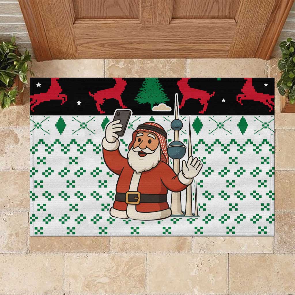 Kuwait Christmas Rubber Doormat with Santa Taking Selfie Kuwait Towers Reindeer and Snowflake - Wonder Print Shop