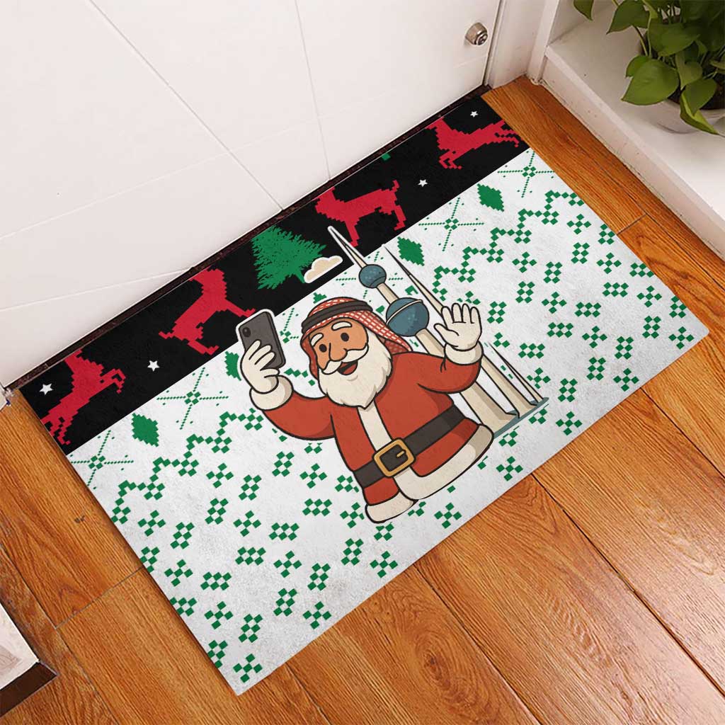 Kuwait Christmas Rubber Doormat with Santa Taking Selfie Kuwait Towers Reindeer and Snowflake - Wonder Print Shop