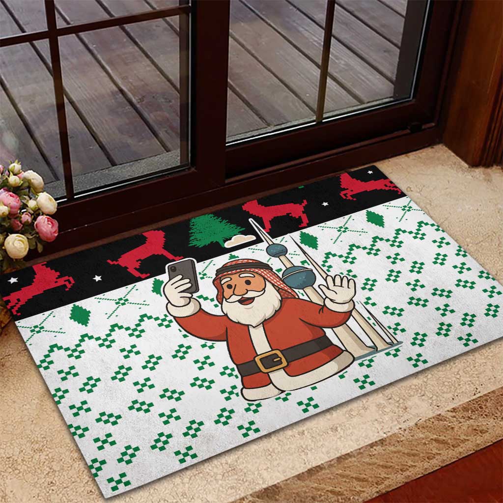 Kuwait Christmas Rubber Doormat with Santa Taking Selfie Kuwait Towers Reindeer and Snowflake - Wonder Print Shop