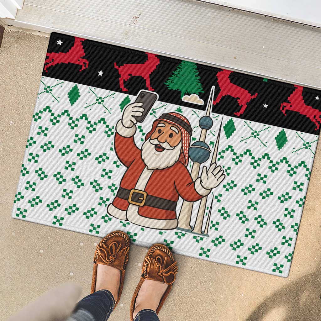 Kuwait Christmas Rubber Doormat with Santa Taking Selfie Kuwait Towers Reindeer and Snowflake - Wonder Print Shop