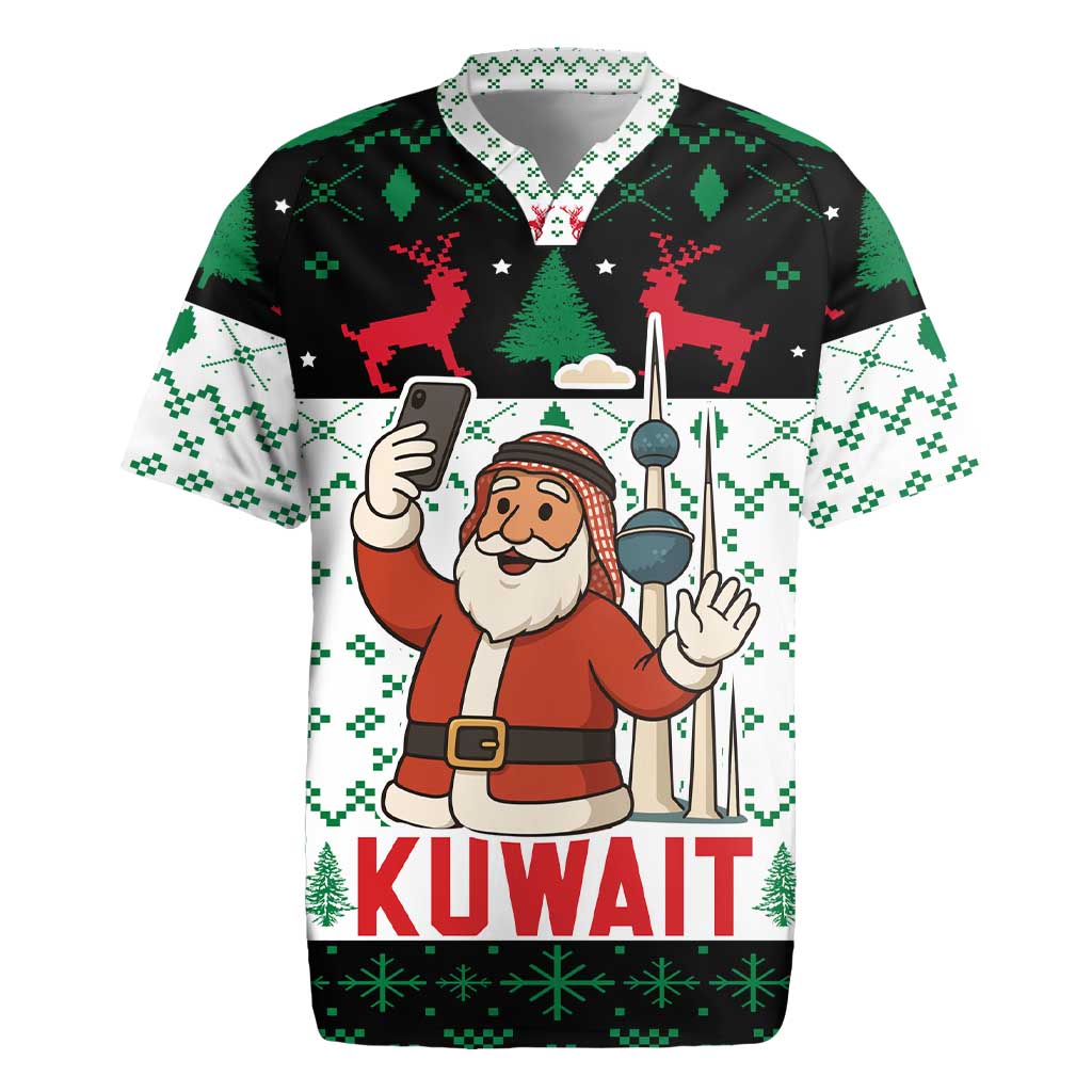 Kuwait Christmas Rugby Jersey with Santa Taking Selfie Kuwait Towers Reindeer and Snowflake - Wonder Print Shop