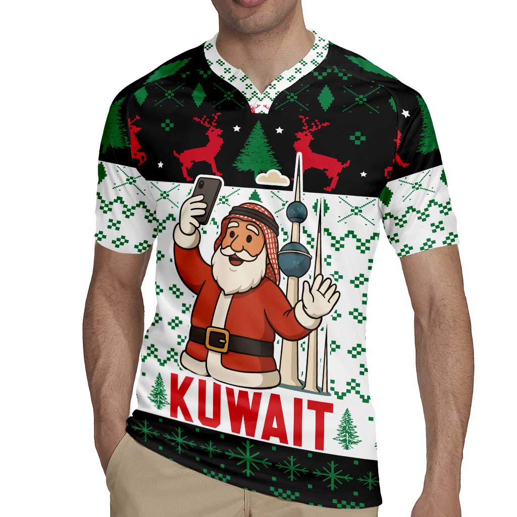 Kuwait Christmas Rugby Jersey with Santa Taking Selfie Kuwait Towers Reindeer and Snowflake - Wonder Print Shop