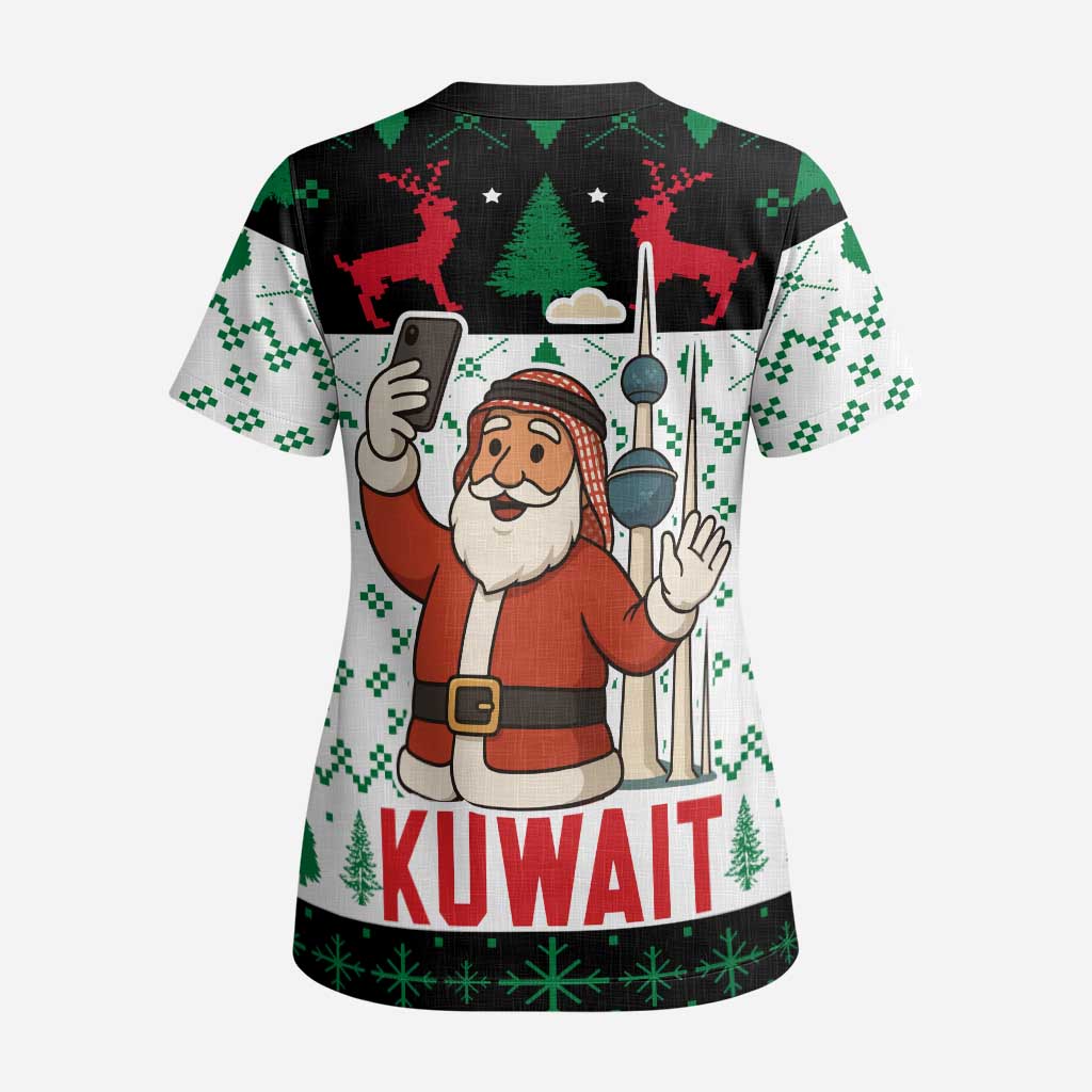 Kuwait Christmas Scrub Top with Santa Taking Selfie Kuwait Towers Reindeer and Snowflake - Wonder Print Shop