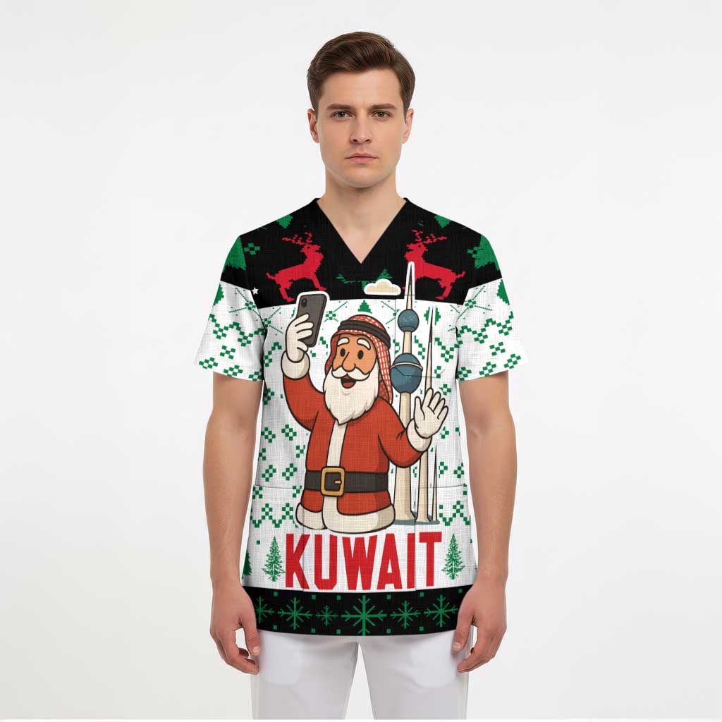 Kuwait Christmas Scrub Top with Santa Taking Selfie Kuwait Towers Reindeer and Snowflake - Wonder Print Shop