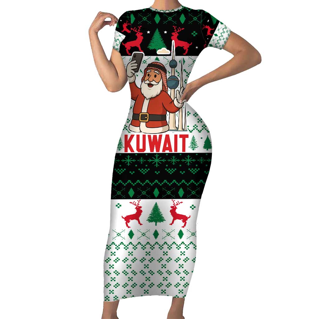 Kuwait Christmas Short Sleeve Bodycon Dress with Santa Taking Selfie Kuwait Towers Reindeer and Snowflake - Wonder Print Shop