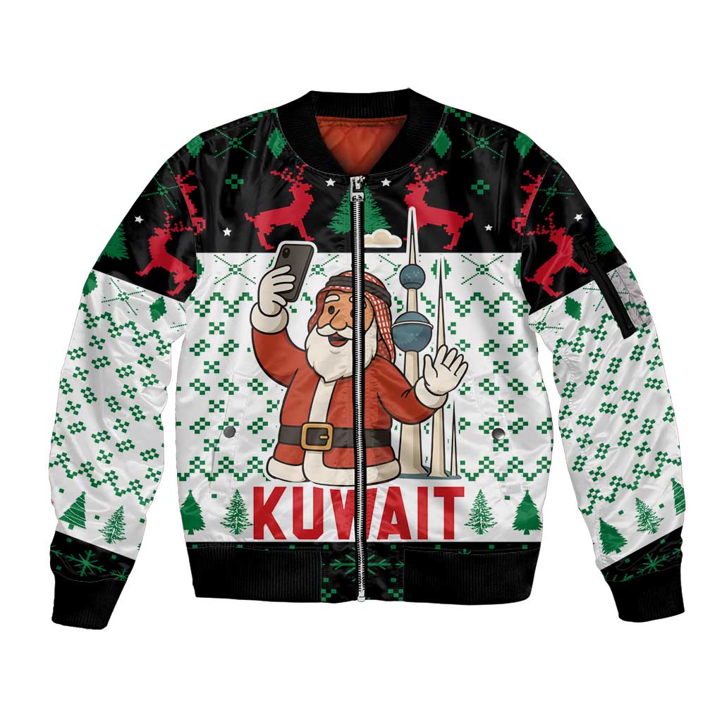 Kuwait Christmas Sleeve Zip Bomber Jacket with Santa Taking Selfie Kuwait Towers Reindeer and Snowflake - Wonder Print Shop