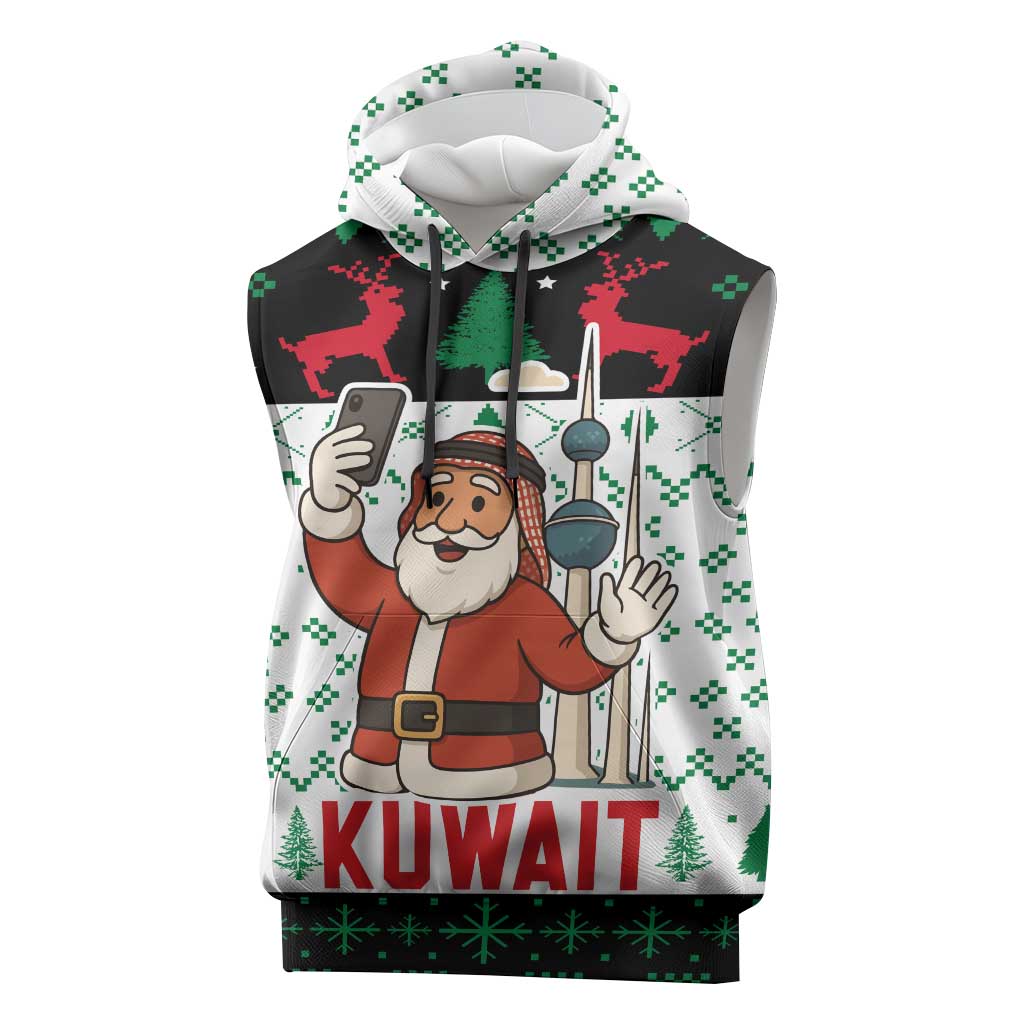 Kuwait Christmas Sleeveless Hoodie with Santa Taking Selfie Kuwait Towers Reindeer and Snowflake - Wonder Print Shop