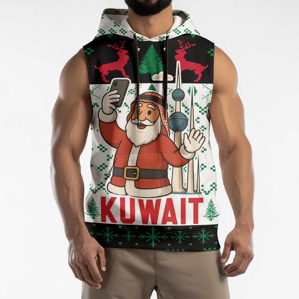 Kuwait Christmas Sleeveless Hoodie with Santa Taking Selfie Kuwait Towers Reindeer and Snowflake - Wonder Print Shop