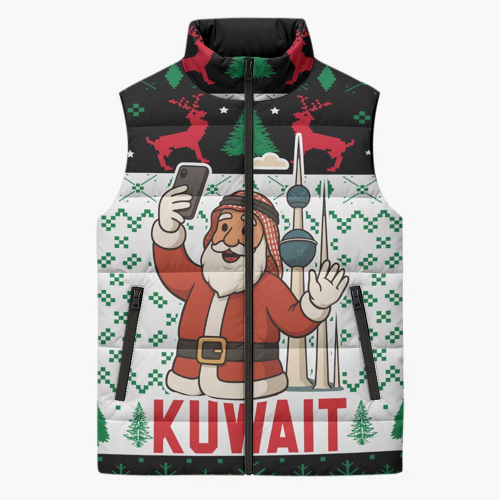 Kuwait Christmas Sleeveless Puffer Jacket with Santa Taking Selfie Kuwait Towers Reindeer and Snowflake - Wonder Print Shop