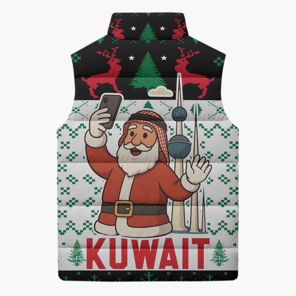 Kuwait Christmas Sleeveless Puffer Jacket with Santa Taking Selfie Kuwait Towers Reindeer and Snowflake - Wonder Print Shop
