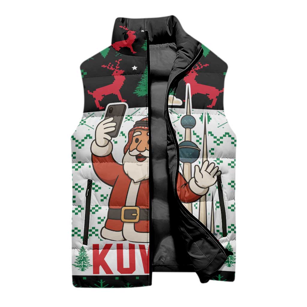 Kuwait Christmas Sleeveless Puffer Jacket with Santa Taking Selfie Kuwait Towers Reindeer and Snowflake - Wonder Print Shop