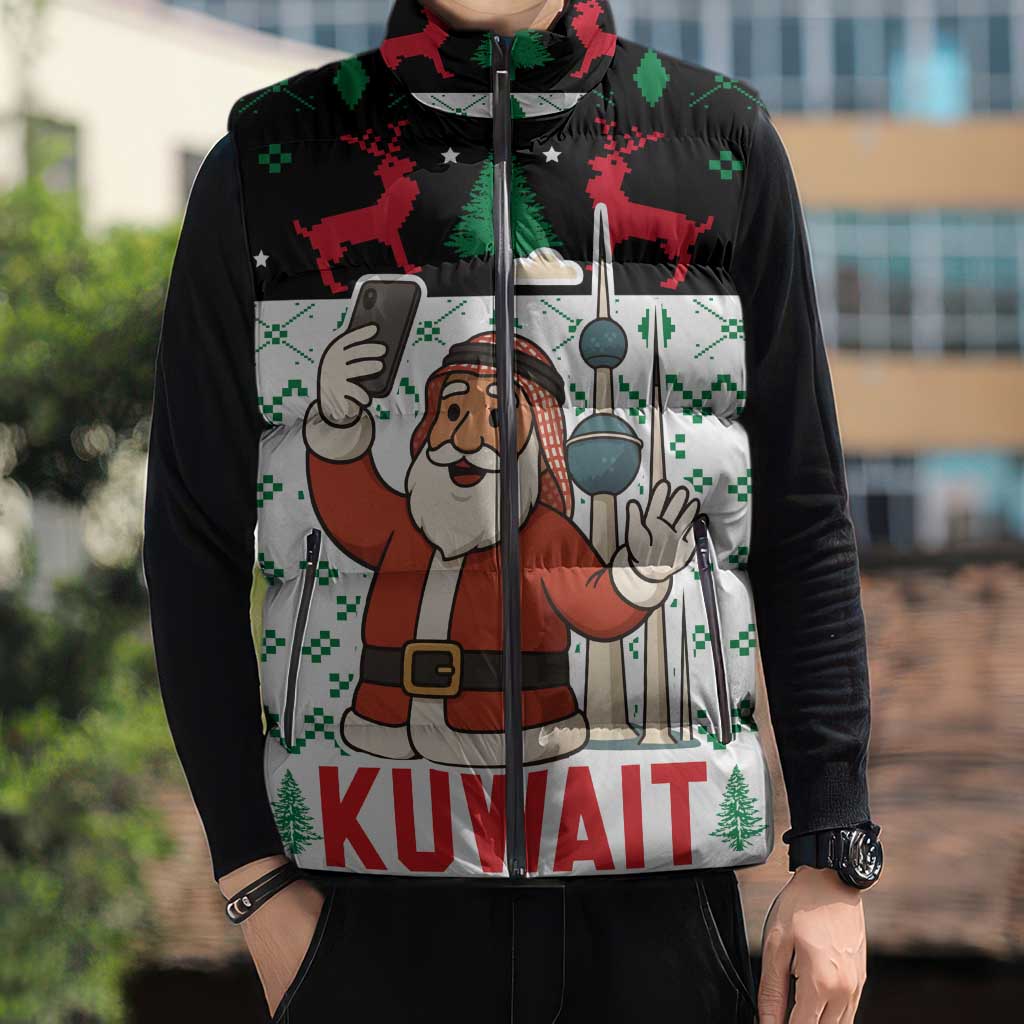 Kuwait Christmas Sleeveless Puffer Jacket with Santa Taking Selfie Kuwait Towers Reindeer and Snowflake - Wonder Print Shop