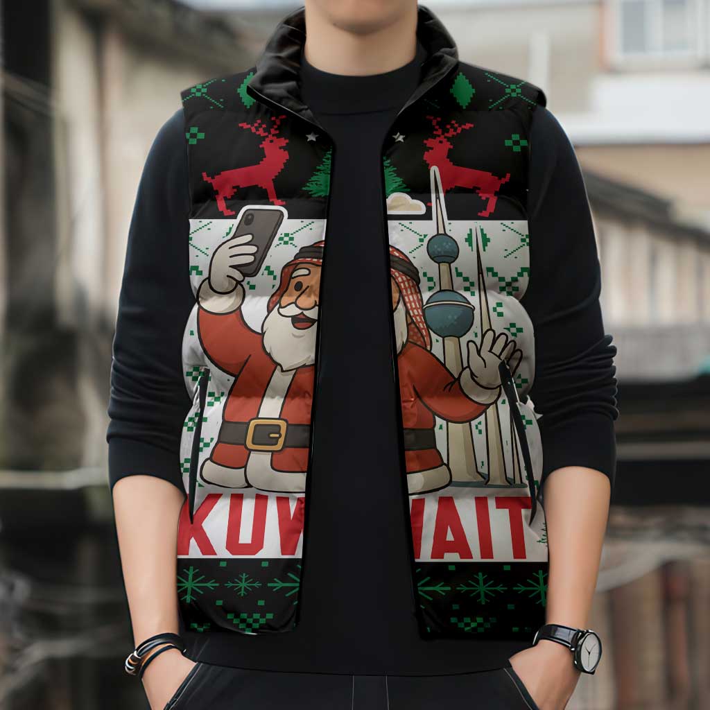 Kuwait Christmas Sleeveless Puffer Jacket with Santa Taking Selfie Kuwait Towers Reindeer and Snowflake - Wonder Print Shop