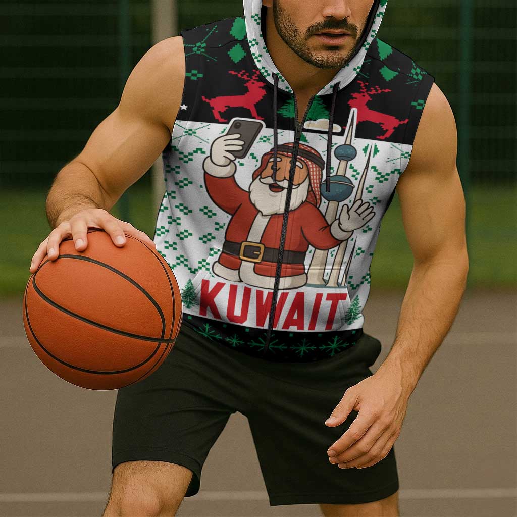 Kuwait Christmas Sleeveless Zip Hoodie with Santa Taking Selfie Kuwait Towers Reindeer and Snowflake - Wonder Print Shop