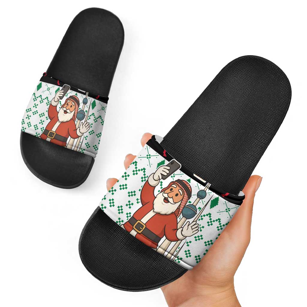 Kuwait Christmas Slide Sandals with Santa Taking Selfie Kuwait Towers Reindeer and Snowflake - Wonder Print Shop