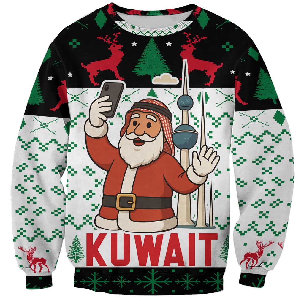 Kuwait Christmas Sweatshirt with Santa Taking Selfie Kuwait Towers Reindeer and Snowflake - Wonder Print Shop