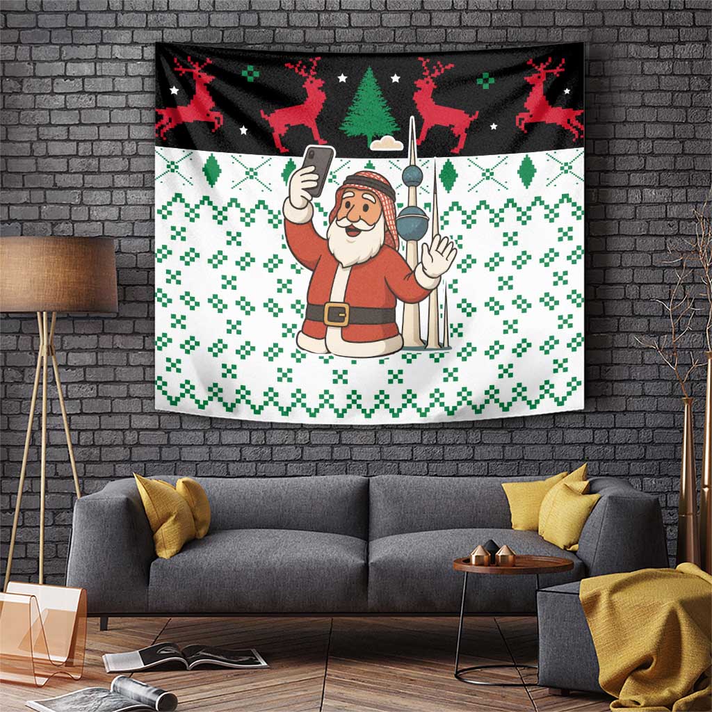 Kuwait Christmas Tapestry with Santa Taking Selfie Kuwait Towers Reindeer and Snowflake - Wonder Print Shop