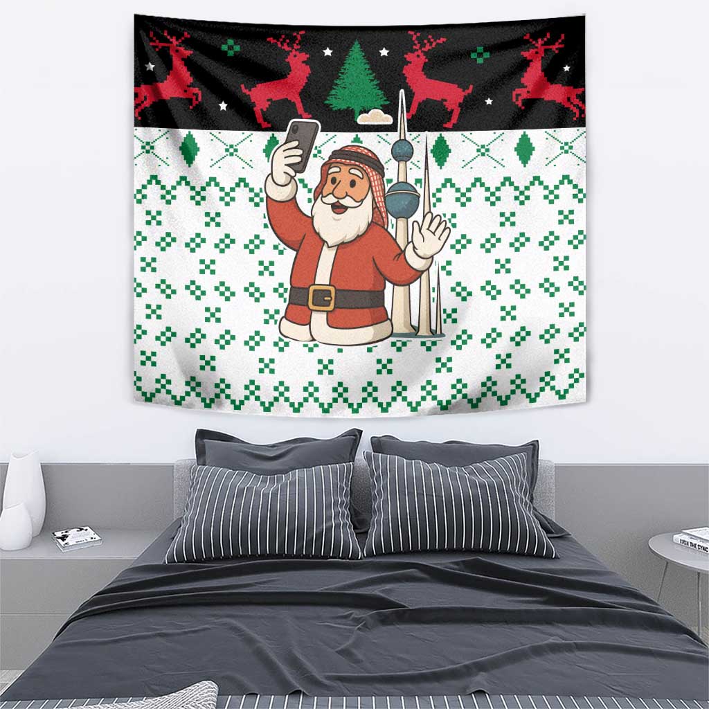 Kuwait Christmas Tapestry with Santa Taking Selfie Kuwait Towers Reindeer and Snowflake - Wonder Print Shop