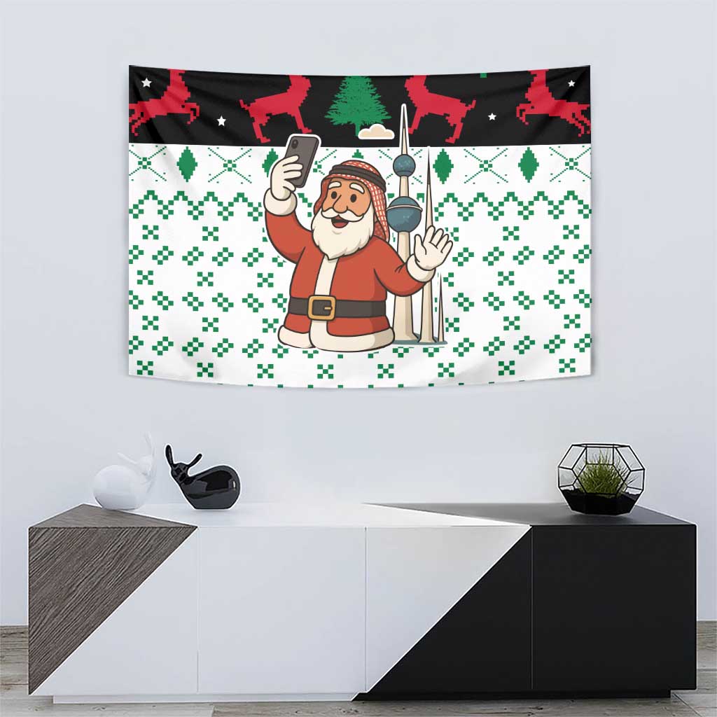 Kuwait Christmas Tapestry with Santa Taking Selfie Kuwait Towers Reindeer and Snowflake - Wonder Print Shop
