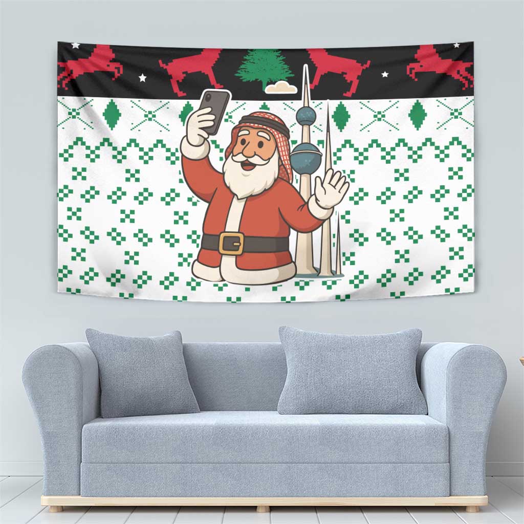 Kuwait Christmas Tapestry with Santa Taking Selfie Kuwait Towers Reindeer and Snowflake - Wonder Print Shop