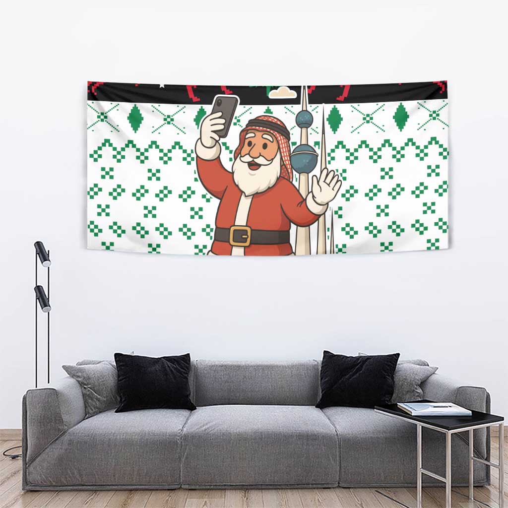 Kuwait Christmas Tapestry with Santa Taking Selfie Kuwait Towers Reindeer and Snowflake - Wonder Print Shop