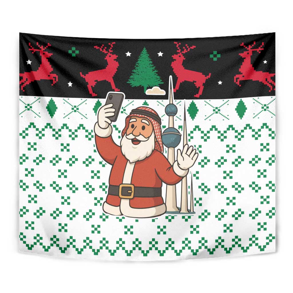 Kuwait Christmas Tapestry with Santa Taking Selfie Kuwait Towers Reindeer and Snowflake - Wonder Print Shop