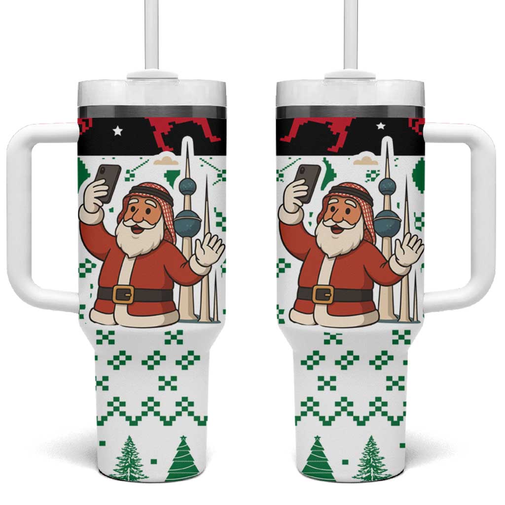 Kuwait Christmas Tumbler With Handle with Santa Taking Selfie Kuwait Towers Reindeer and Snowflake - Wonder Print Shop