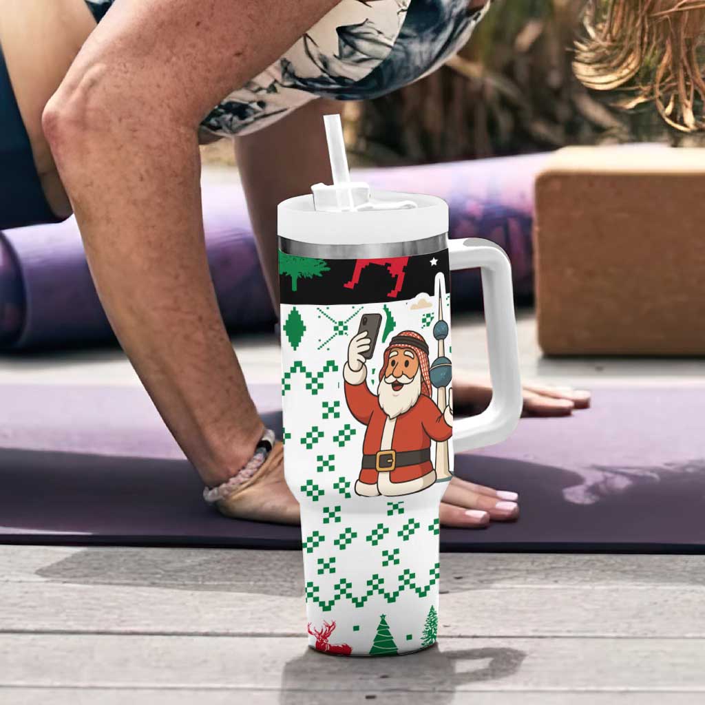 Kuwait Christmas Tumbler With Handle with Santa Taking Selfie Kuwait Towers Reindeer and Snowflake - Wonder Print Shop