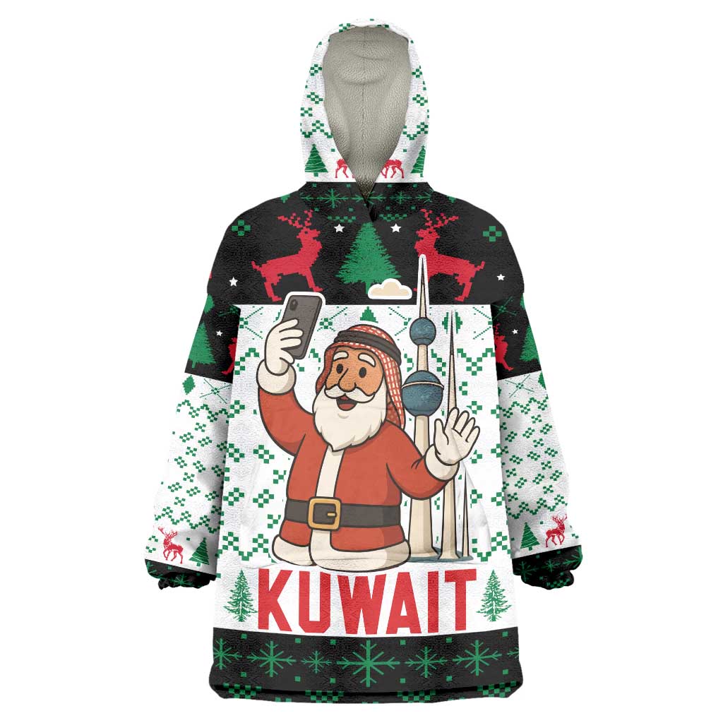 Kuwait Christmas Wearable Blanket Hoodie with Santa Taking Selfie Kuwait Towers Reindeer and Snowflake - Wonder Print Shop