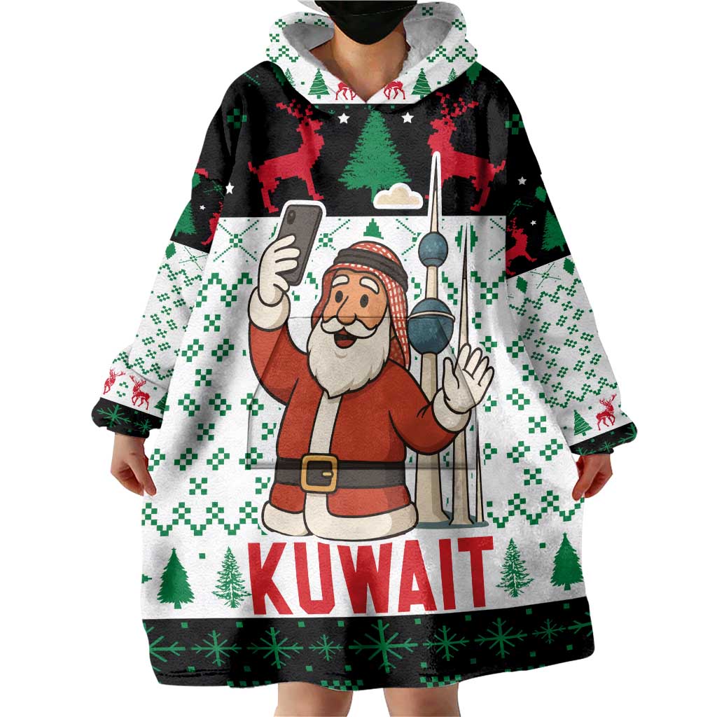 Kuwait Christmas Wearable Blanket Hoodie with Santa Taking Selfie Kuwait Towers Reindeer and Snowflake - Wonder Print Shop