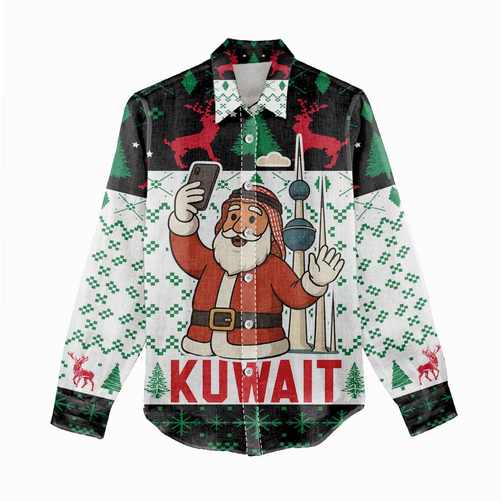 Kuwait Christmas Women Casual Shirt with Santa Taking Selfie Kuwait Towers Reindeer and Snowflake - Wonder Print Shop