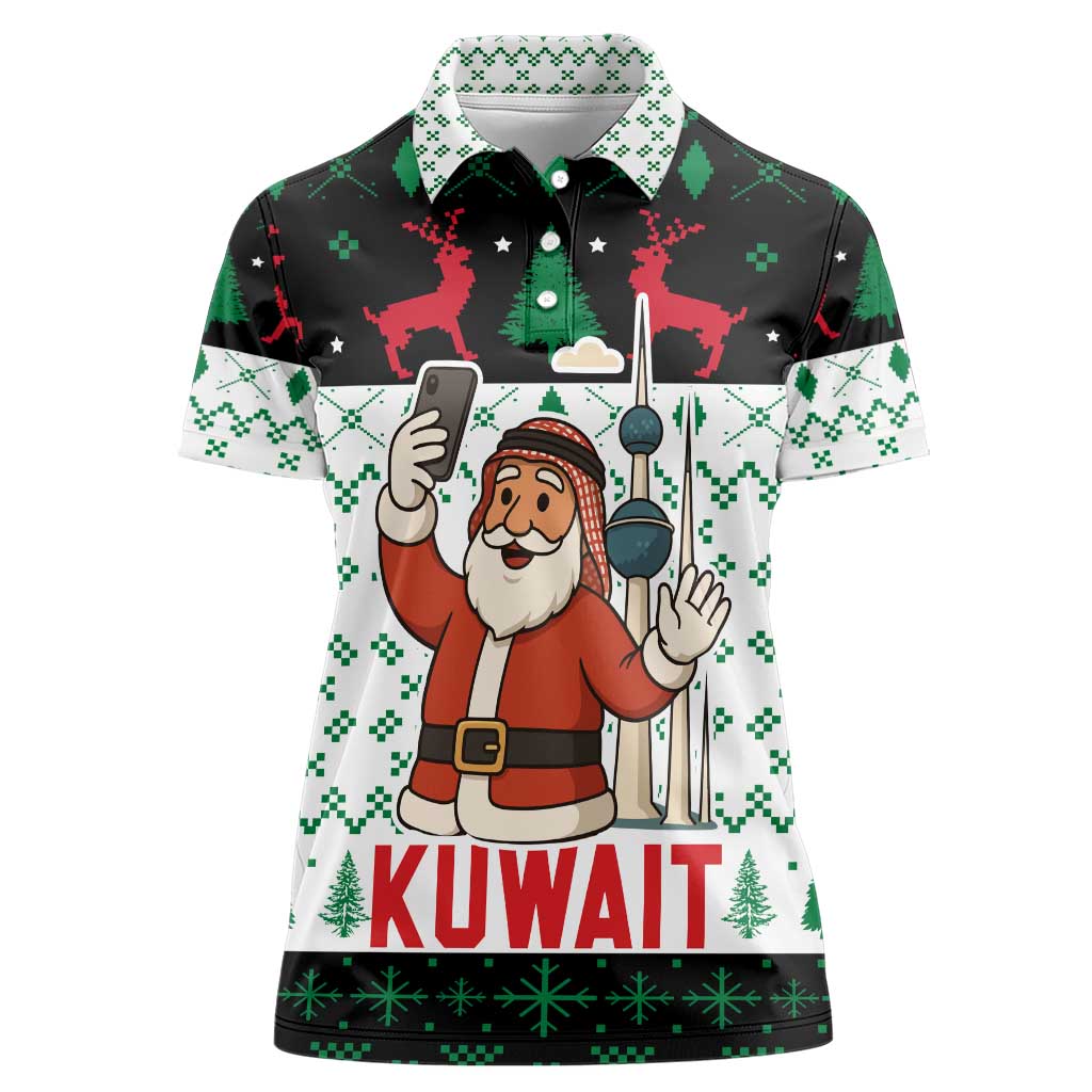 Kuwait Christmas Women Polo Shirt with Santa Taking Selfie Kuwait Towers Reindeer and Snowflake - Wonder Print Shop