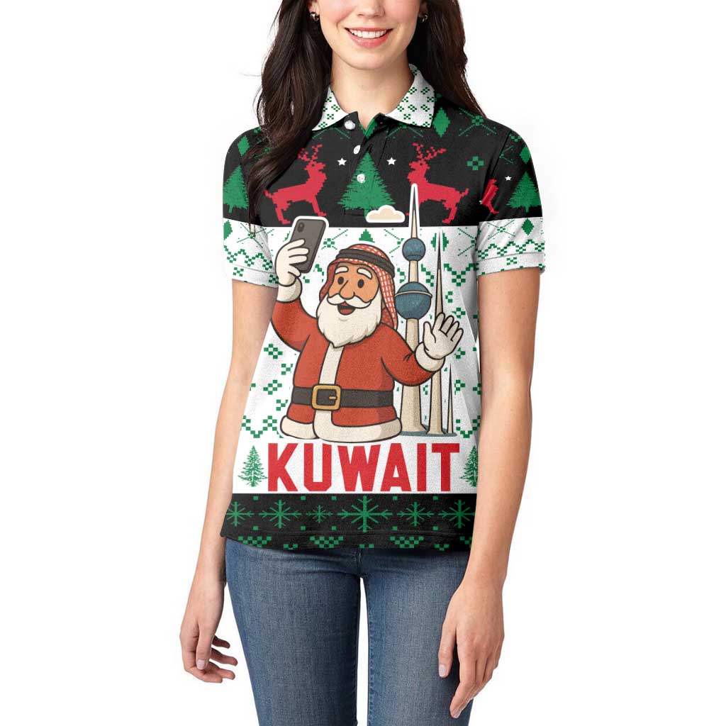 Kuwait Christmas Women Polo Shirt with Santa Taking Selfie Kuwait Towers Reindeer and Snowflake - Wonder Print Shop
