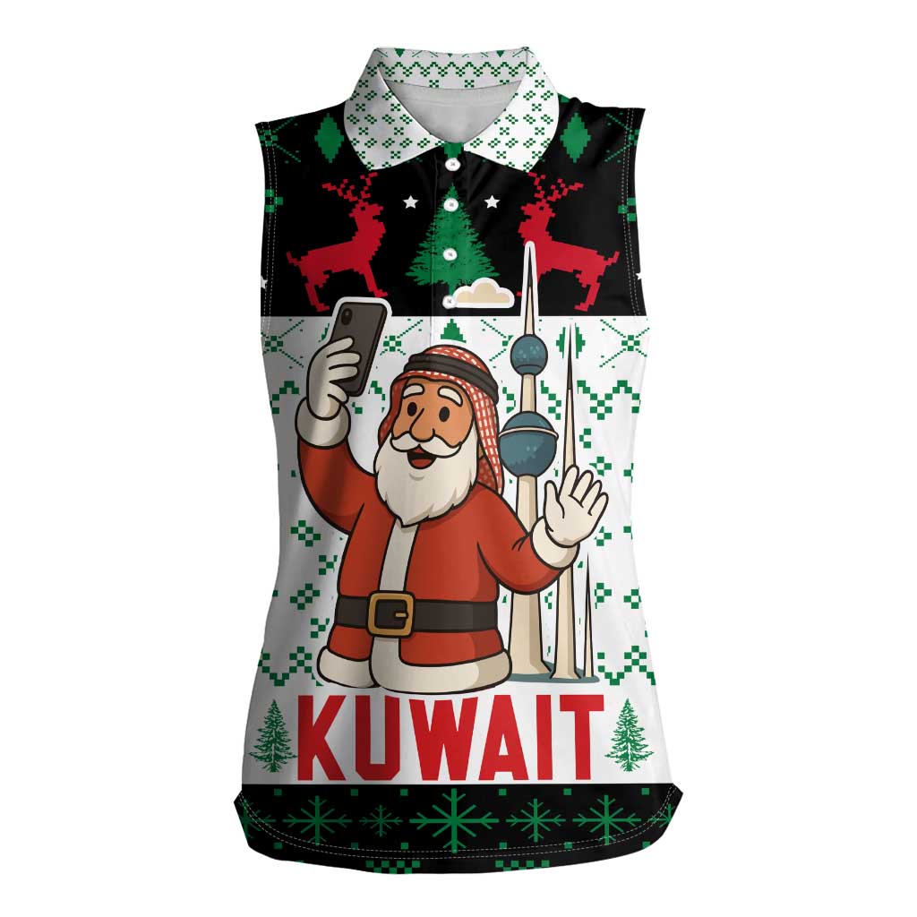 Kuwait Christmas Women Sleeveless Polo Shirt with Santa Taking Selfie Kuwait Towers Reindeer and Snowflake - Wonder Print Shop